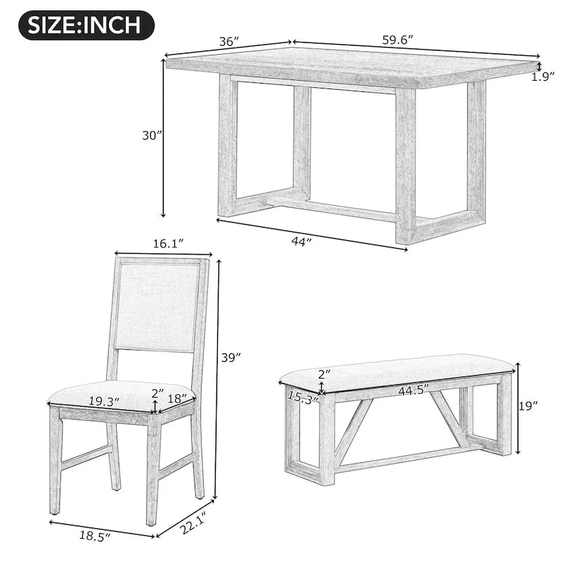 6 Piece Dining Table Chair Set, Wooden Kitchen Furniture Set with Acacia Wood Rectangular Table, 4 Chairs and 1 Bench