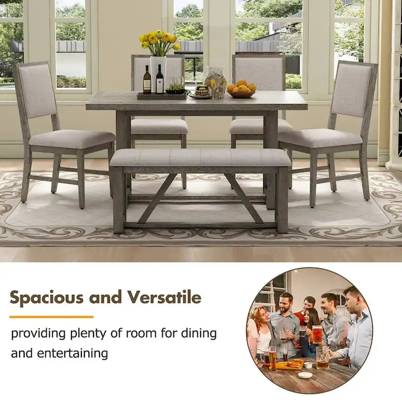 6 Piece Dining Table Chair Set, Wooden Kitchen Furniture Set with Acacia Wood Rectangular Table, 4 Chairs and 1 Bench