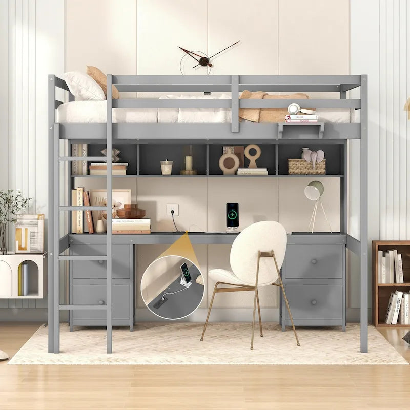 Full Size Wood Loft Bed w/Desk, Cabinets, Drawers, Charging Station
