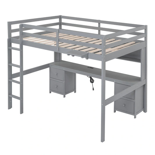 Full Size Wood Loft Bed w/Desk, Cabinets, Drawers, Charging Station