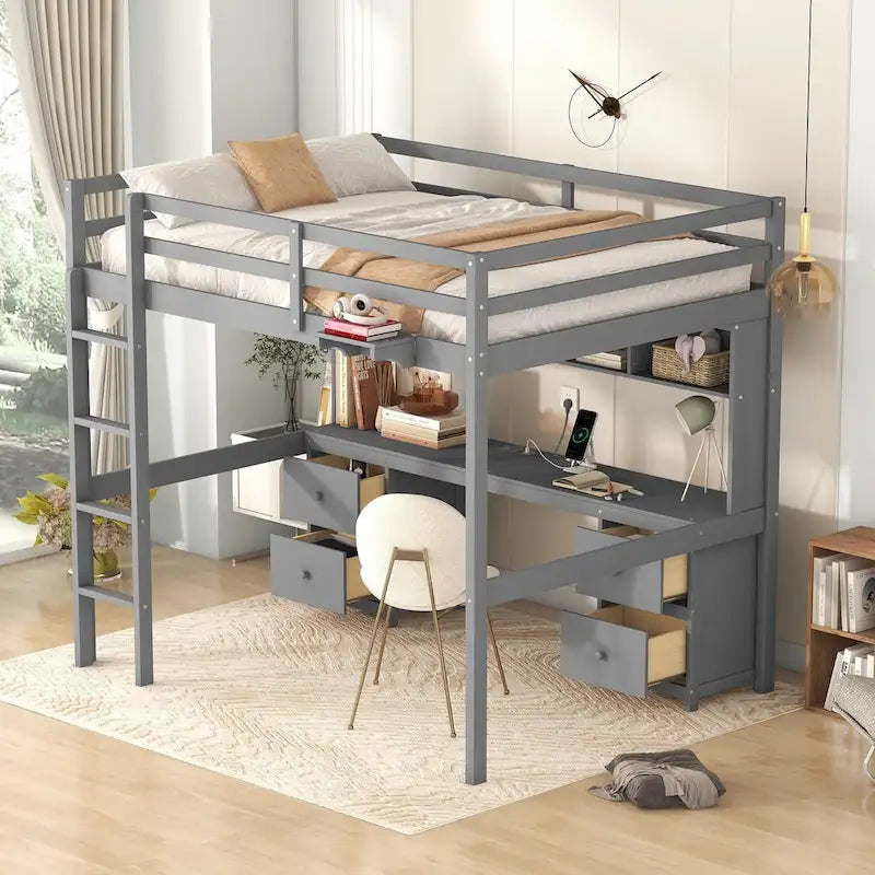 Full Size Wood Loft Bed w/Desk, Cabinets, Drawers, Charging Station
