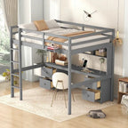Full Size Wood Loft Bed w/Desk, Cabinets, Drawers, Charging Station