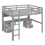 Full Size Wood Loft Bed w/Desk, Cabinets, Drawers, Charging Station