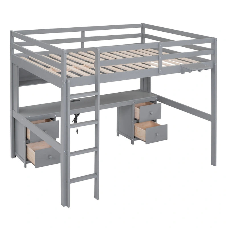 Full Size Wood Loft Bed w/Desk, Cabinets, Drawers, Charging Station