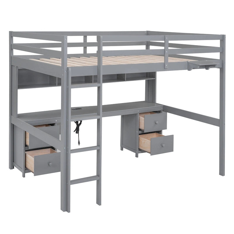 Full Size Wood Loft Bed w/Desk, Cabinets, Drawers, Charging Station