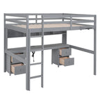 Full Size Wood Loft Bed w/Desk, Cabinets, Drawers, Charging Station
