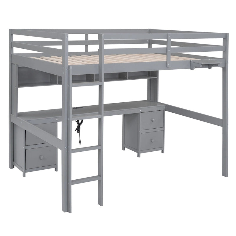 Full Size Wood Loft Bed w/Desk, Cabinets, Drawers, Charging Station
