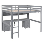 Full Size Wood Loft Bed w/Desk, Cabinets, Drawers, Charging Station