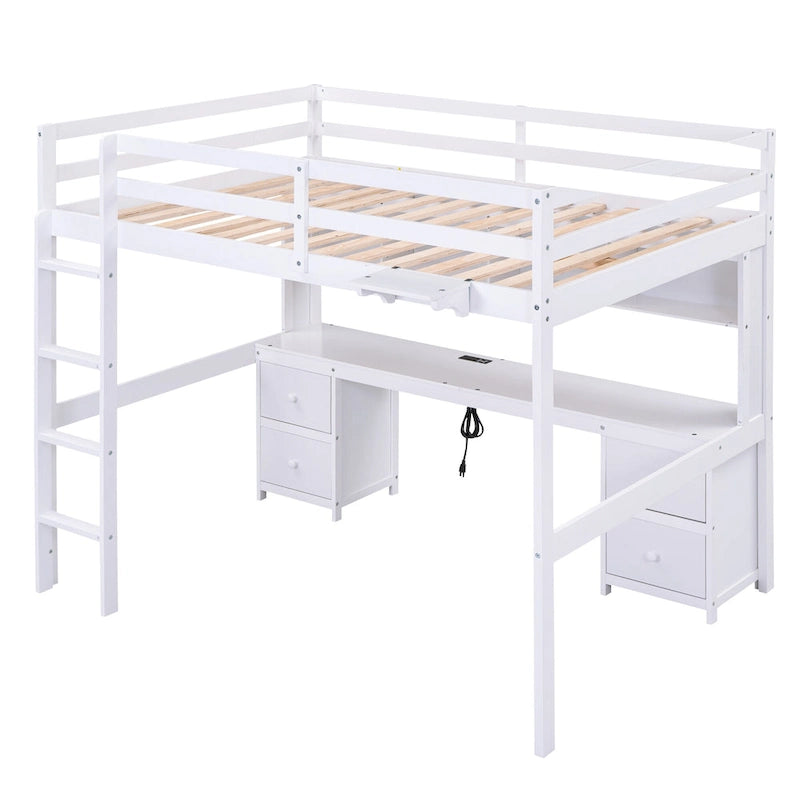 Full Size Wood Loft Bed w/Desk, Cabinets, Drawers, Charging Station