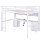 Full Size Wood Loft Bed w/Desk, Cabinets, Drawers, Charging Station