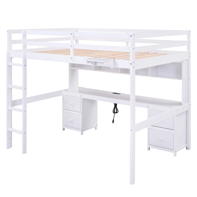 Full Size Wood Loft Bed w/Desk, Cabinets, Drawers, Charging Station