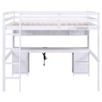 Full Size Wood Loft Bed w/Desk, Cabinets, Drawers, Charging Station