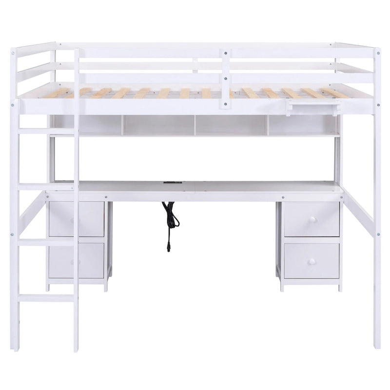 Full Size Wood Loft Bed w/Desk, Cabinets, Drawers, Charging Station