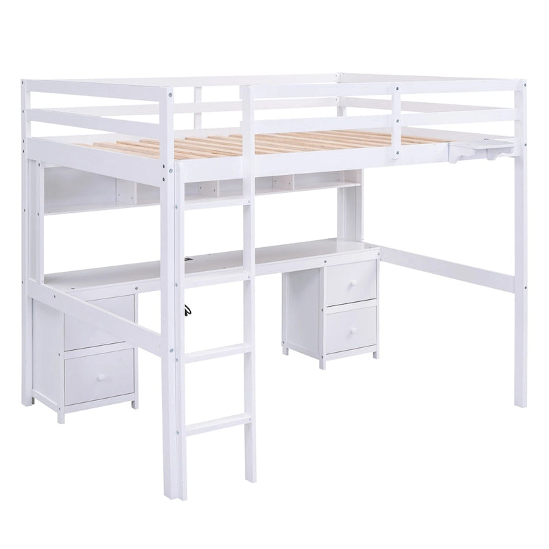 Full Size Wood Loft Bed w/Desk, Cabinets, Drawers, Charging Station