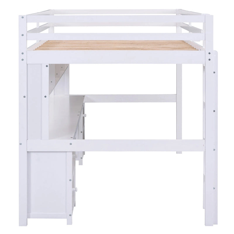 Full Size Wood Loft Bed w/Desk, Cabinets, Drawers, Charging Station