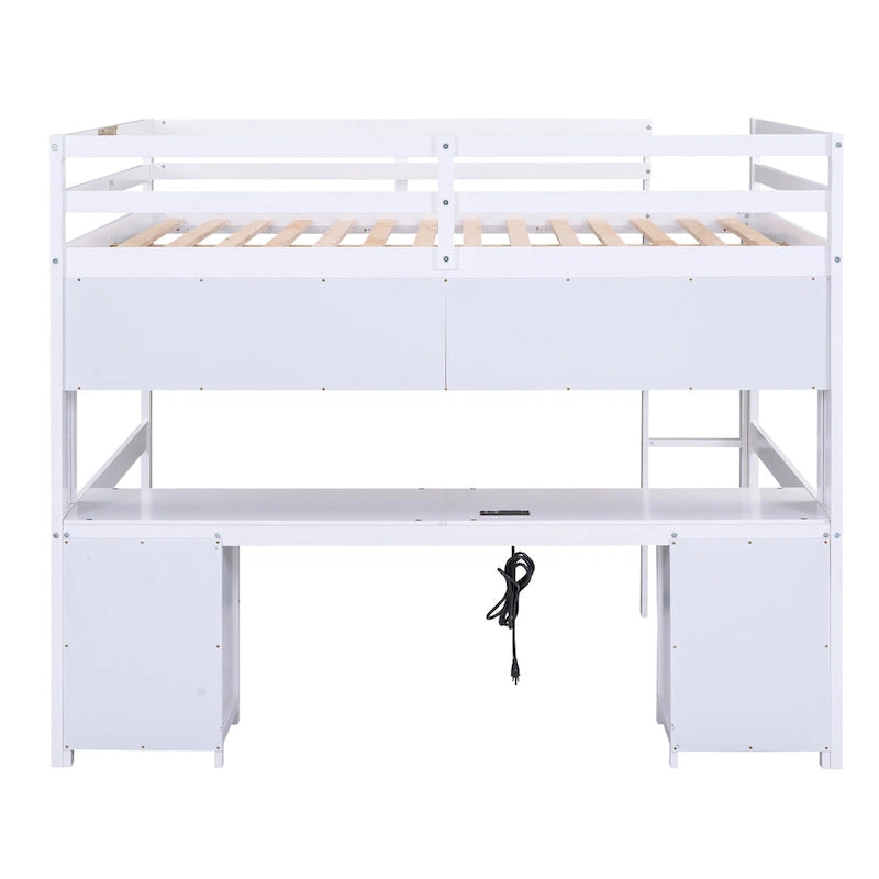 Full Size Wood Loft Bed w/Desk, Cabinets, Drawers, Charging Station