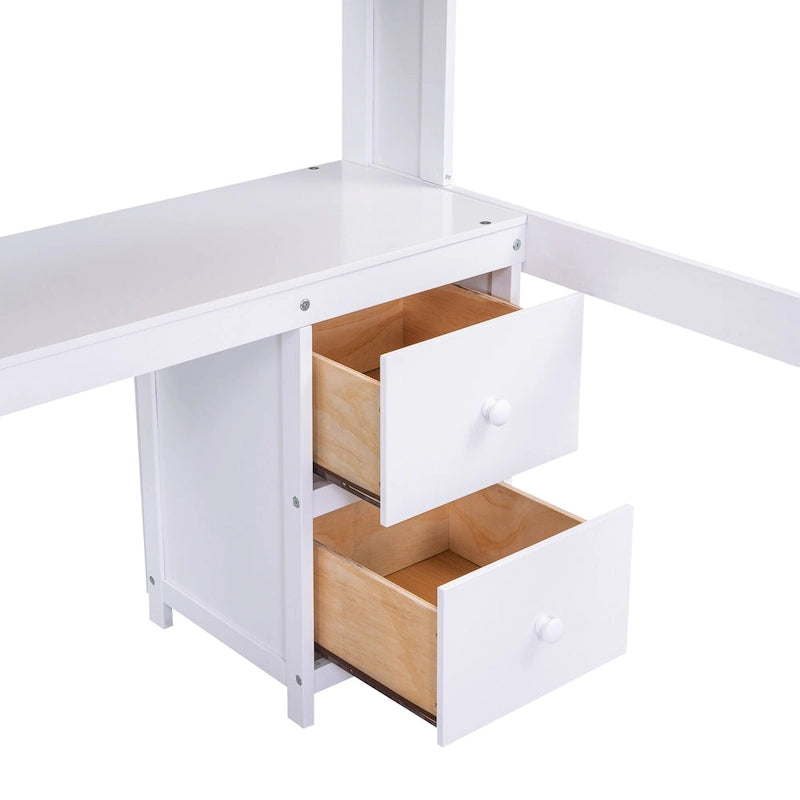 Full Size Wood Loft Bed w/Desk, Cabinets, Drawers, Charging Station