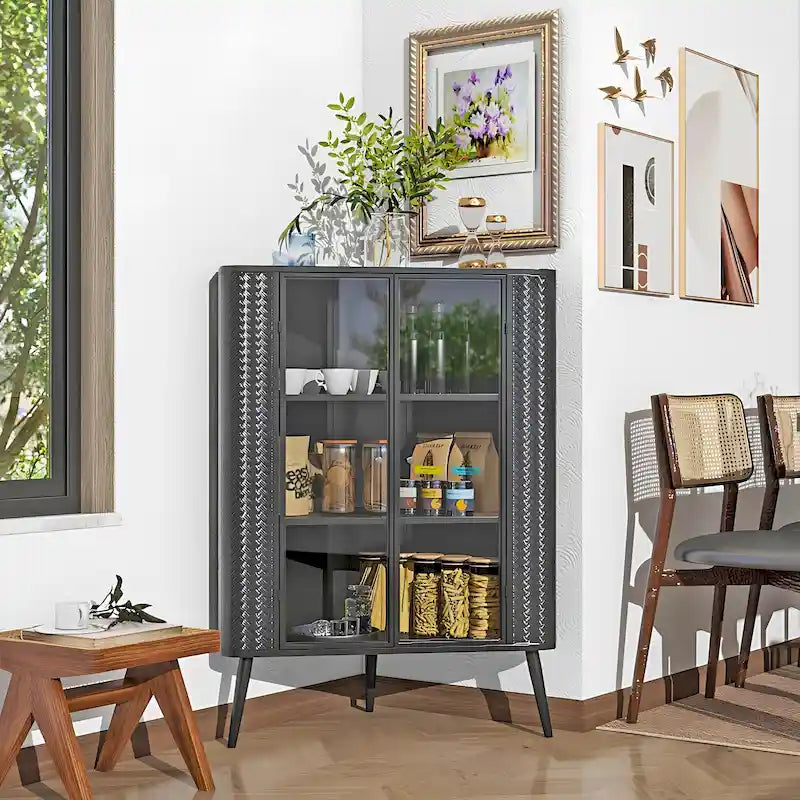 3-Tier Corner Storage Cabinet with Tempered Glass Doors, Removeable Shelves & Metal Frame, Freestanding Space-Saving Organizer
