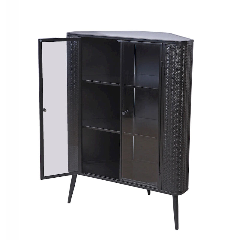 3-Tier Corner Storage Cabinet with Tempered Glass Doors, Removeable Shelves & Metal Frame, Freestanding Space-Saving Organizer