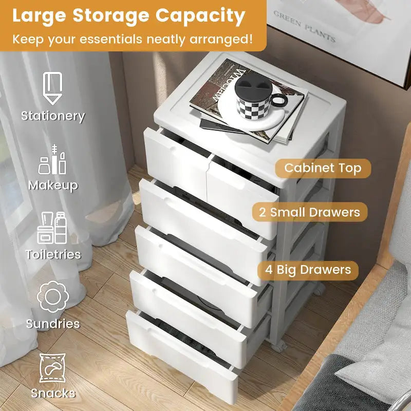 2-Pack 6-Drawer Plastic Rolling Storage Cart with 4 Universal Wheels