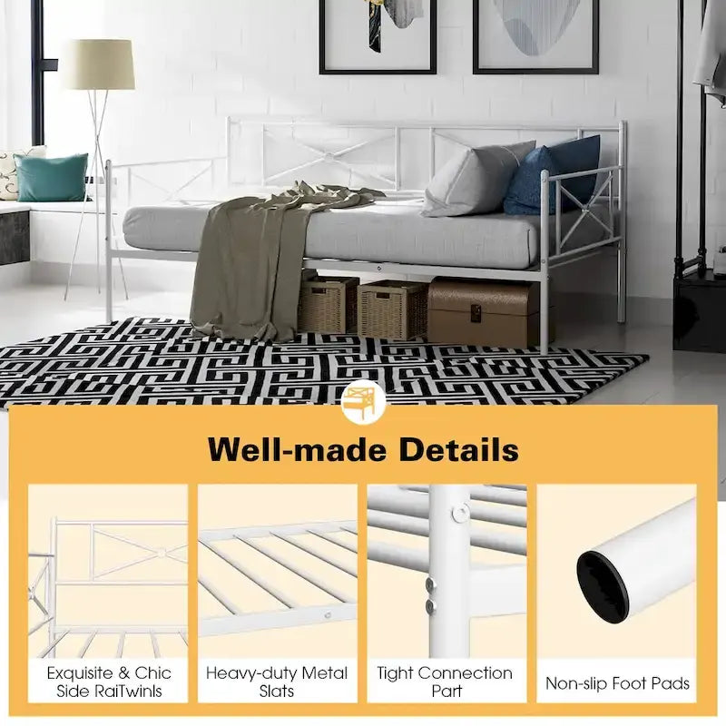Twin Size Metal Daybed Frame with Slat Support Mattress Foundation