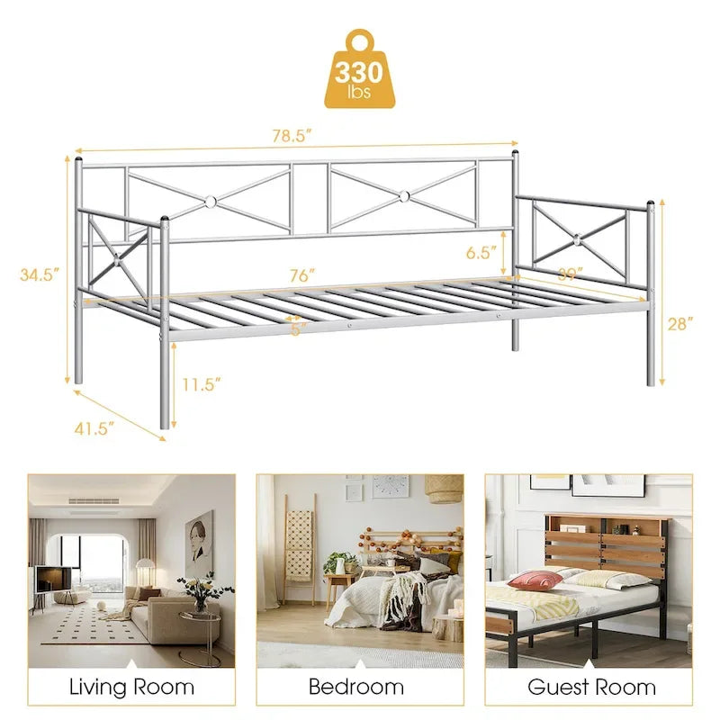 Twin Size Metal Daybed Frame with Slat Support Mattress Foundation
