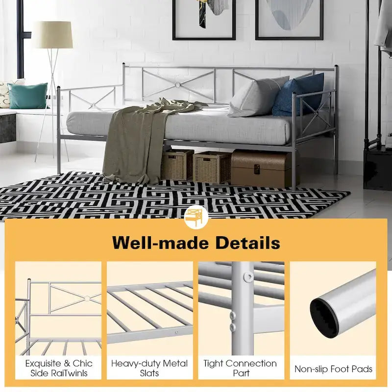 Twin Size Metal Daybed Frame with Slat Support Mattress Foundation