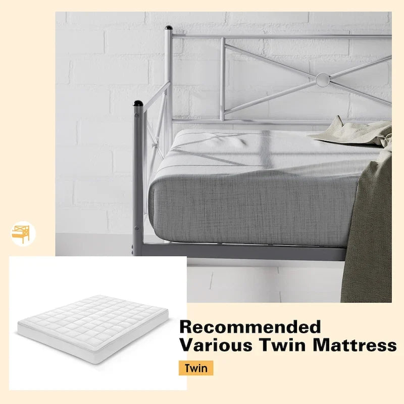 Twin Size Metal Daybed Frame with Slat Support Mattress Foundation