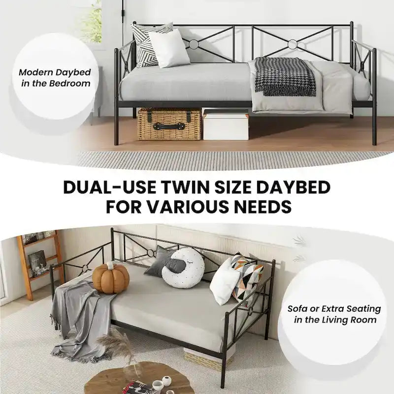 Twin Size Metal Daybed Frame with Slat Support Mattress Foundation