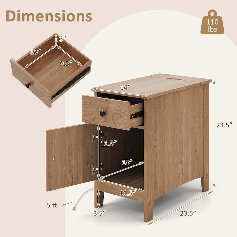 End Table with Built-In Charging Station & Flip-Top | Bedside Nightstand