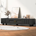 Modern TV Stand with Solid Wood Legs, 4 Shelves & 2 Tempered Glass Doors