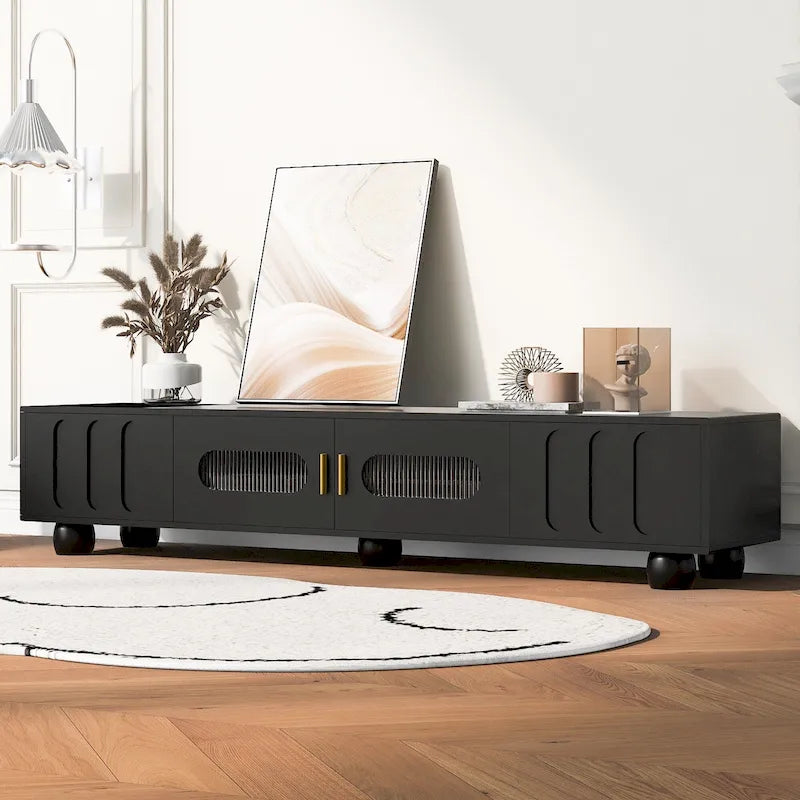 Modern TV Stand with Solid Wood Legs, 4 Shelves & 2 Tempered Glass Doors