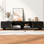 Modern TV Stand with Solid Wood Legs, 4 Shelves & 2 Tempered Glass Doors