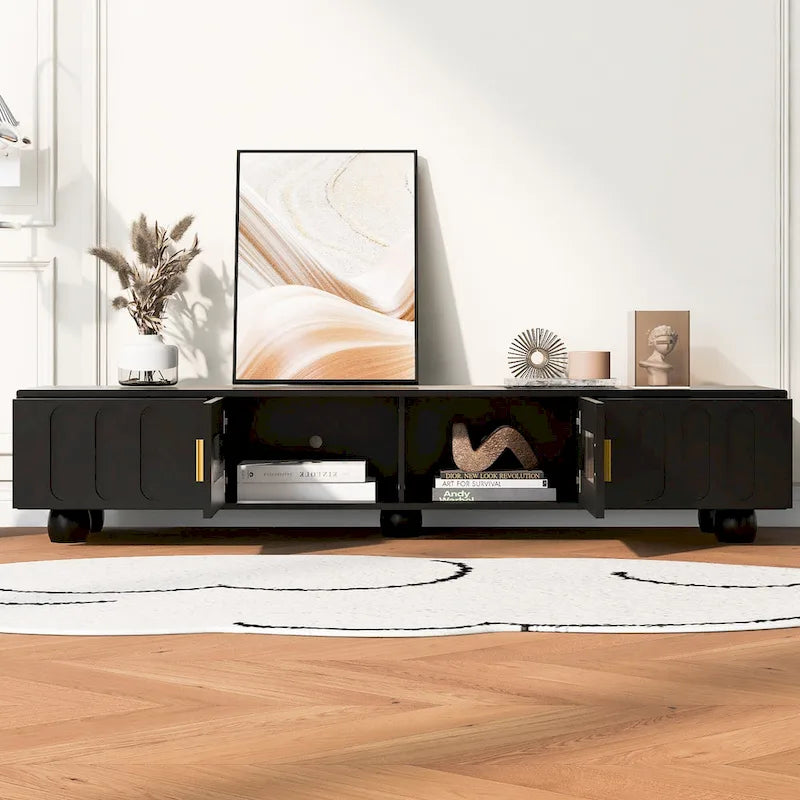 Modern TV Stand with Solid Wood Legs, 4 Shelves & 2 Tempered Glass Doors