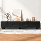 Modern TV Stand with Solid Wood Legs, 4 Shelves & 2 Tempered Glass Doors