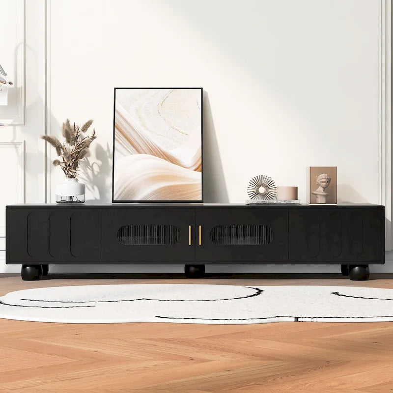 Modern TV Stand with Solid Wood Legs, 4 Shelves & 2 Tempered Glass Doors