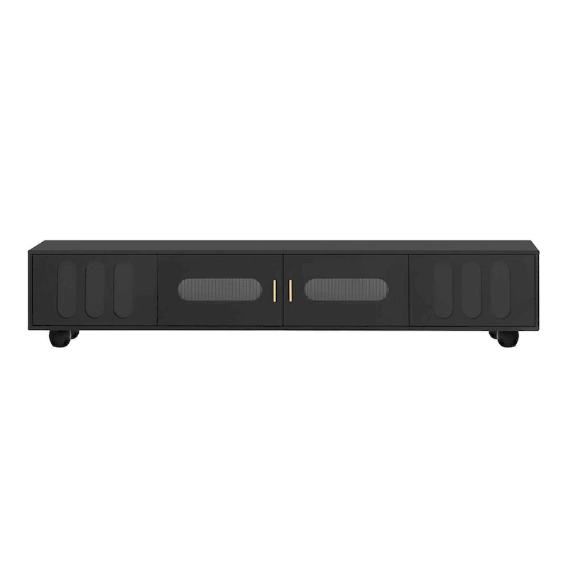 Modern TV Stand with Solid Wood Legs, 4 Shelves & 2 Tempered Glass Doors