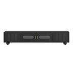 Modern TV Stand with Solid Wood Legs, 4 Shelves & 2 Tempered Glass Doors