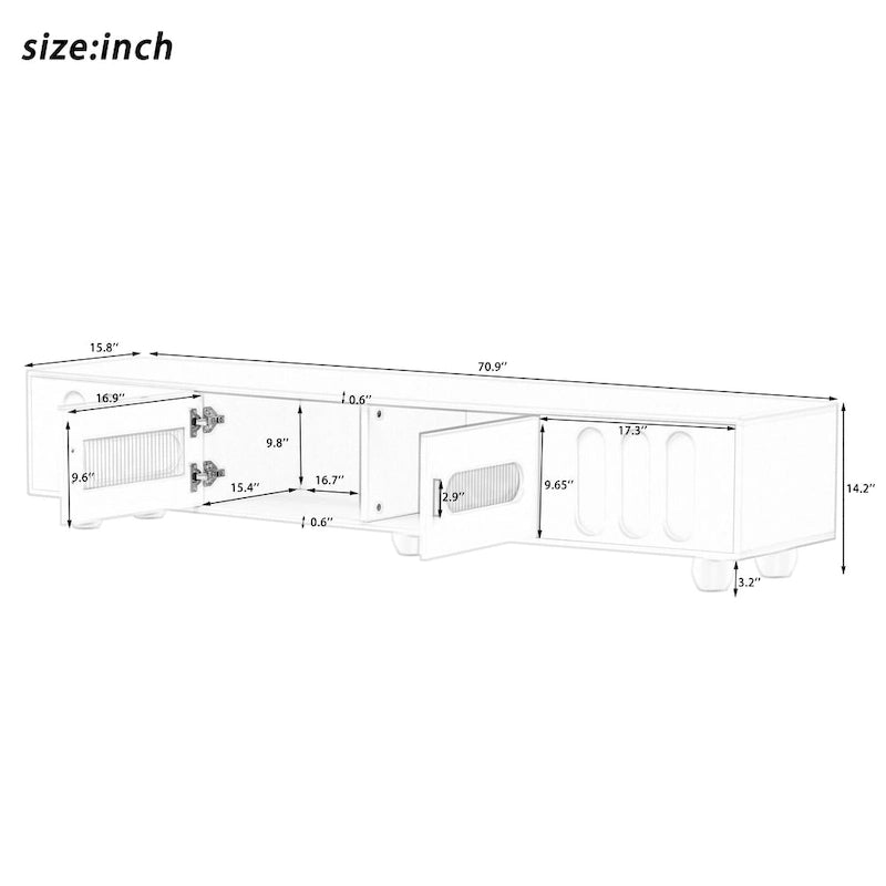 Modern TV Stand with Solid Wood Legs, 4 Shelves & 2 Tempered Glass Doors