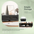 Modern TV Stand with Solid Wood Legs, 4 Shelves & 2 Tempered Glass Doors