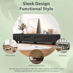 Modern TV Stand with Solid Wood Legs, 4 Shelves & 2 Tempered Glass Doors