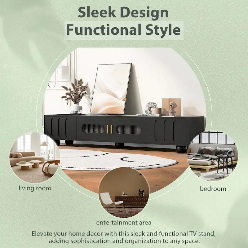 Modern TV Stand with Solid Wood Legs, 4 Shelves & 2 Tempered Glass Doors