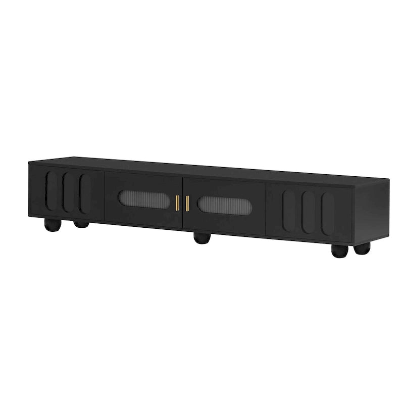 Modern TV Stand with Solid Wood Legs, 4 Shelves & 2 Tempered Glass Doors