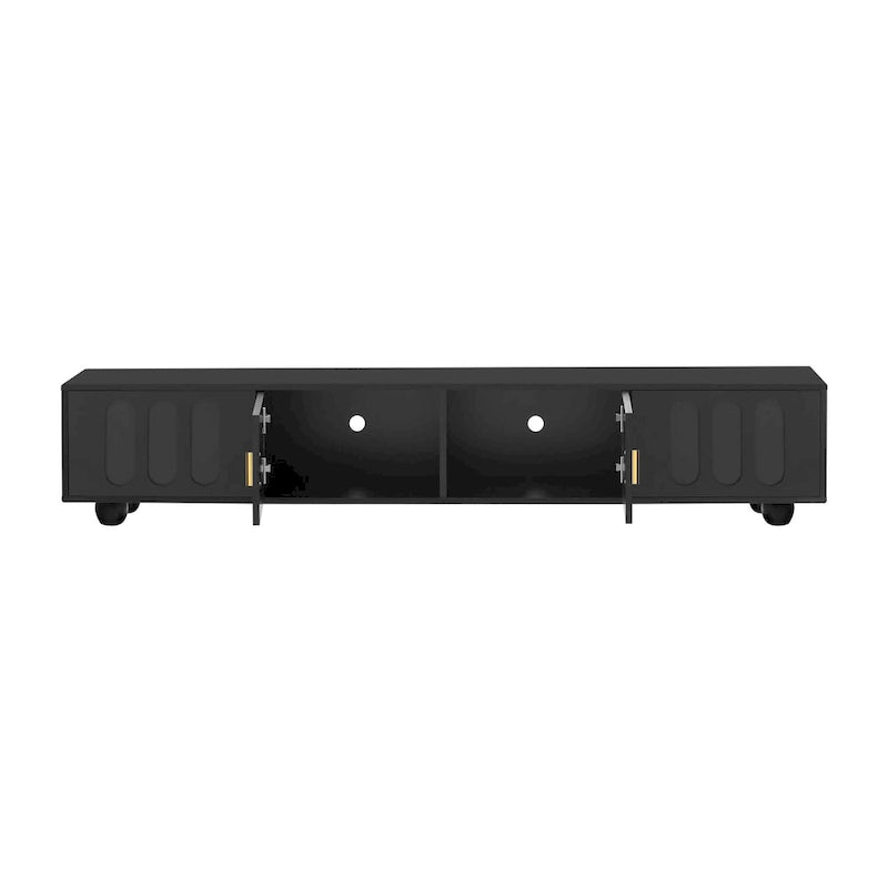 Modern TV Stand with Solid Wood Legs, 4 Shelves & 2 Tempered Glass Doors