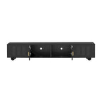 Modern TV Stand with Solid Wood Legs, 4 Shelves & 2 Tempered Glass Doors