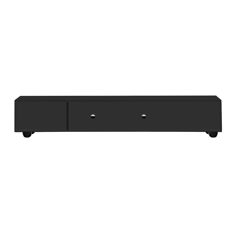 Modern TV Stand with Solid Wood Legs, 4 Shelves & 2 Tempered Glass Doors