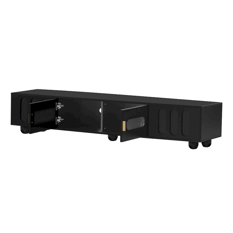 Modern TV Stand with Solid Wood Legs, 4 Shelves & 2 Tempered Glass Doors