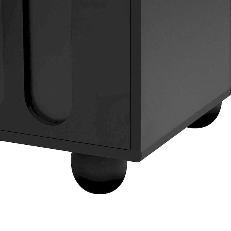 Modern TV Stand with Solid Wood Legs, 4 Shelves & 2 Tempered Glass Doors