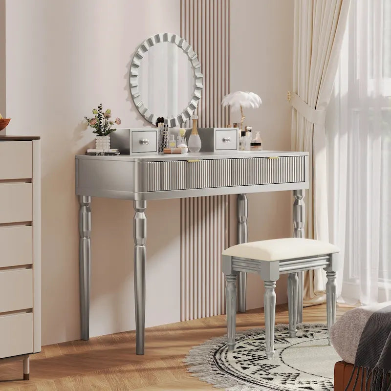 Luxury Vanity Desk with Round Mirror,Height-Adjustable, Stylish Dressing Table Set, 4 Drawers & Stool