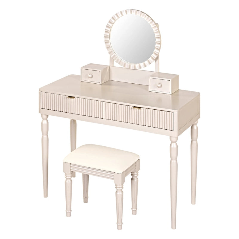 Luxury Vanity Desk with Round Mirror,Height-Adjustable, Stylish Dressing Table Set, 4 Drawers & Stool